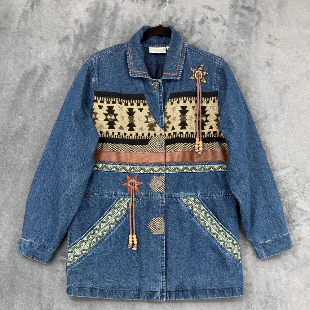 Vintage 220 Hickory Jacket Womens Size S Denim Western Aztec Southwestern Fringe